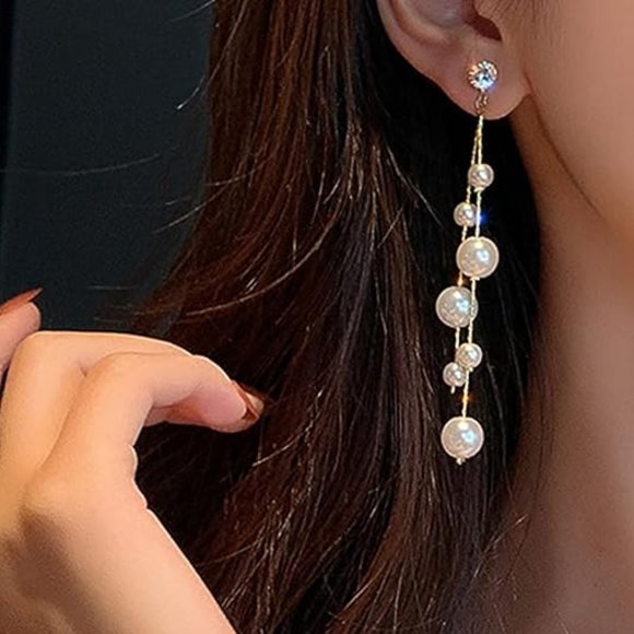 Long Gold Pearl Earrings - Picture 2 of 5